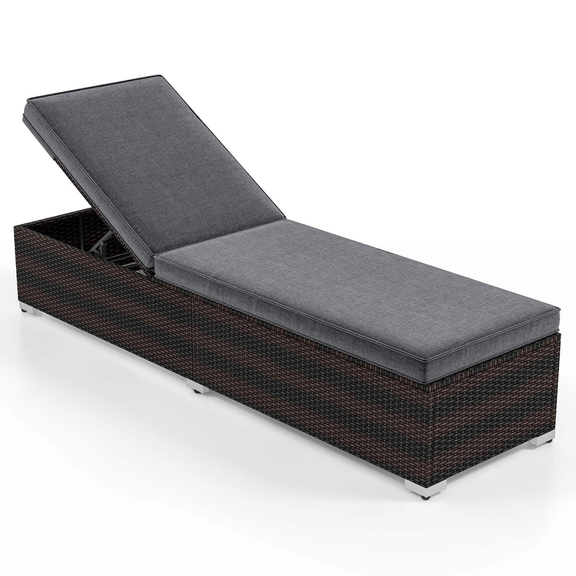 Front. Gymax - Gymax Outdoor Chaise Lounge w/ Long Seat Cushion Heavy-Duty Metal Frame - Mix Brown, Gray.