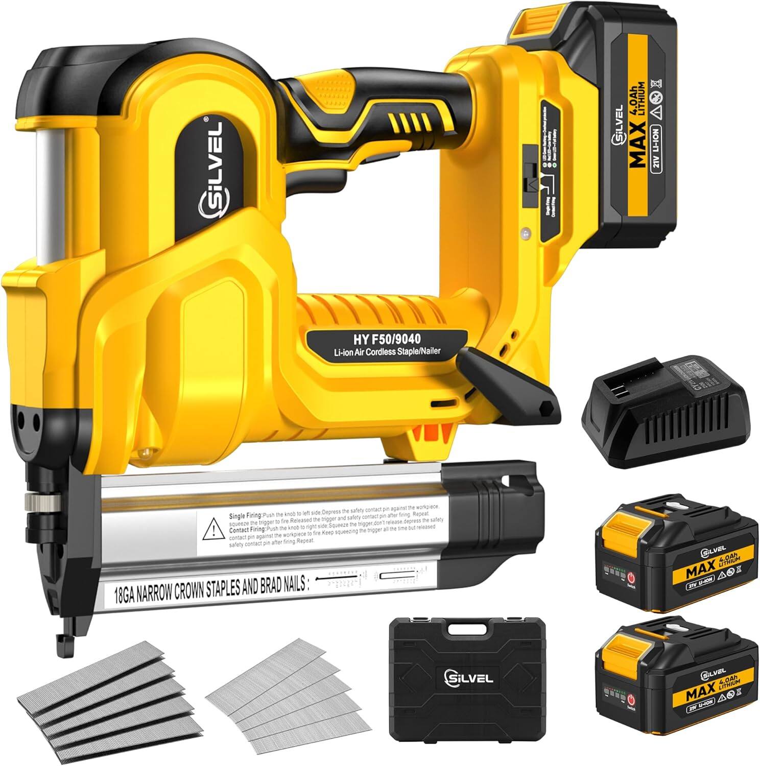 Silvel - 18 Gauge Cordless Brad Nailer, 2 in 1 Cordless Nail Gun/Electric Stapler, 2 * 4.0Ah Battery Powered Nail Gun - Yellow