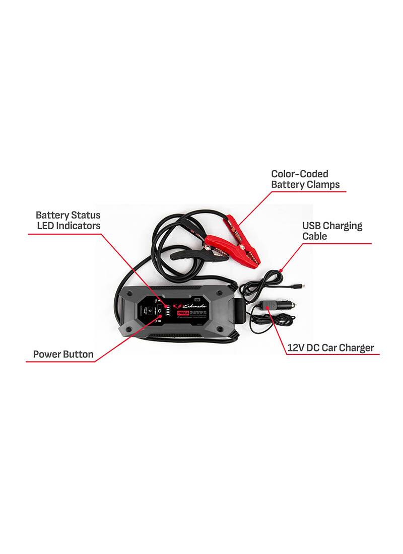 Color-Coded Battery Clamps  
Battery Status LED Indicators  
USB Charging Cable  
Power Button  
12V DC Car Charger
