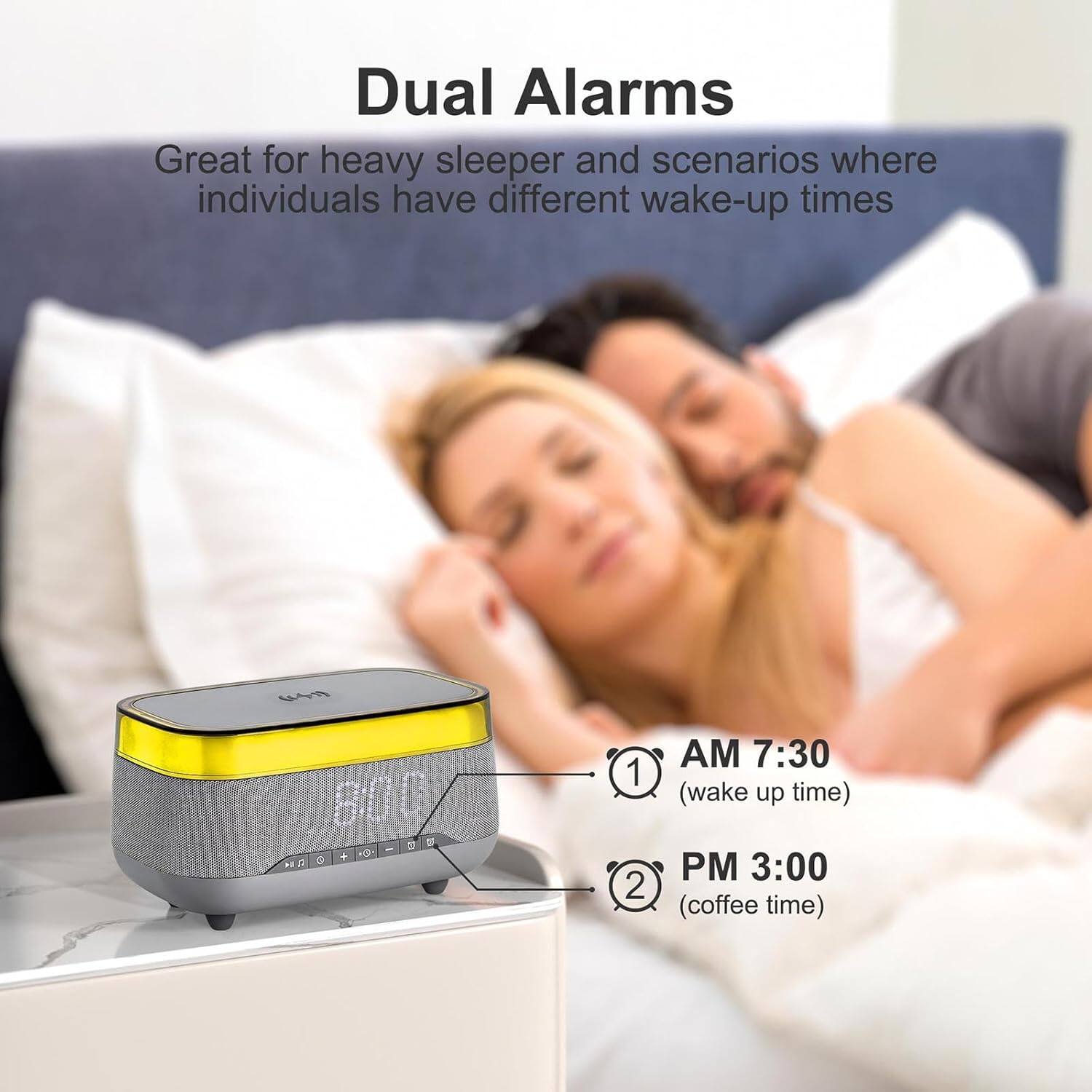 Dual Alarms  
Great for heavy sleepers and scenarios where individuals have different wake-up times  

1. AM 7:30 (wake up time)  
2. PM 3:00 (coffee time)