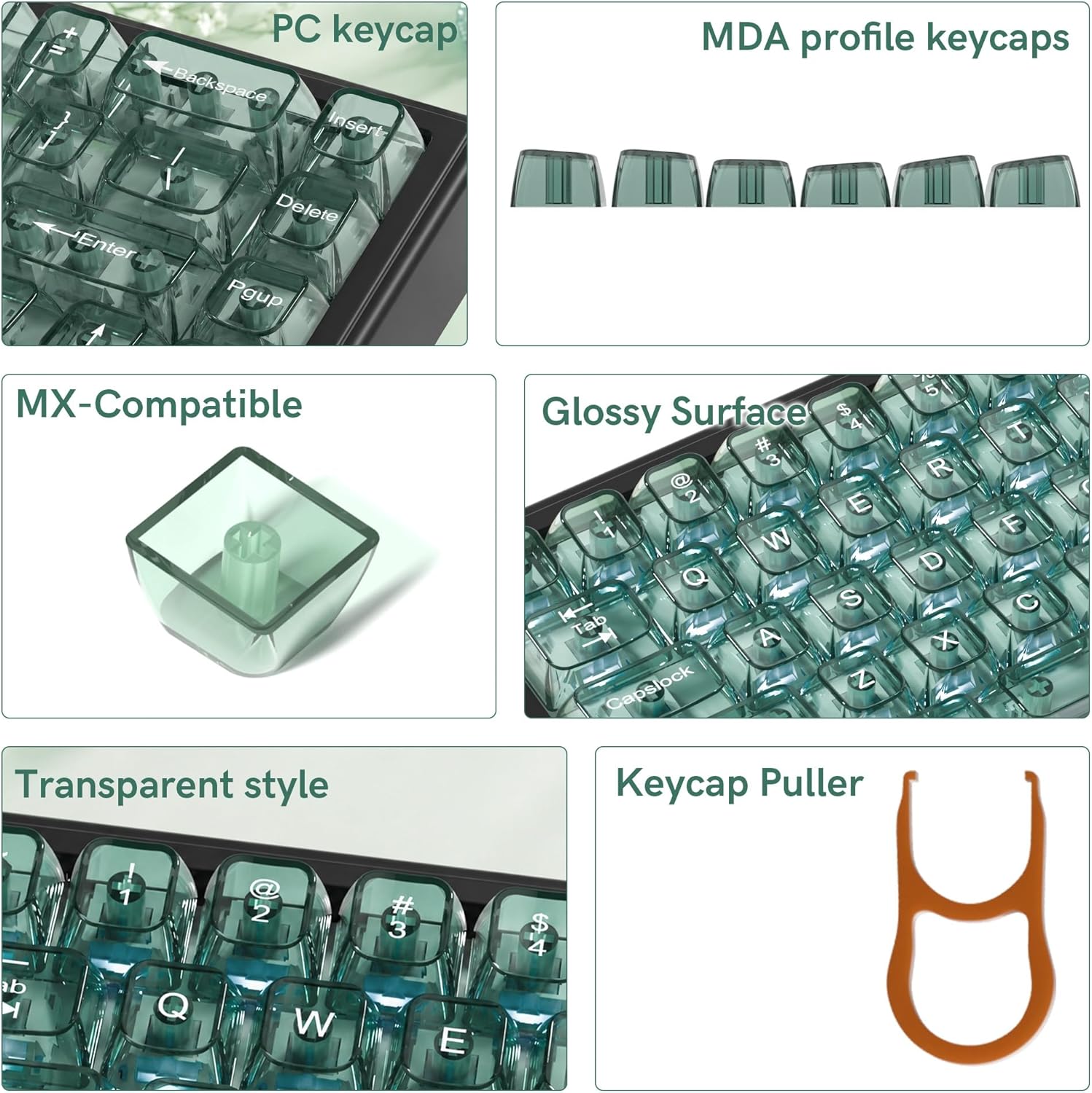 PC keycap Backspace space Insert MDA profile keycaps Enter Delete Pgup MX-Compatible Glossy Surface $ 4 # 3 8 2 E 1 W Q  S Tab A Capslock Z 5 R 2 D x T F C +  Transparent style Keycap Puller