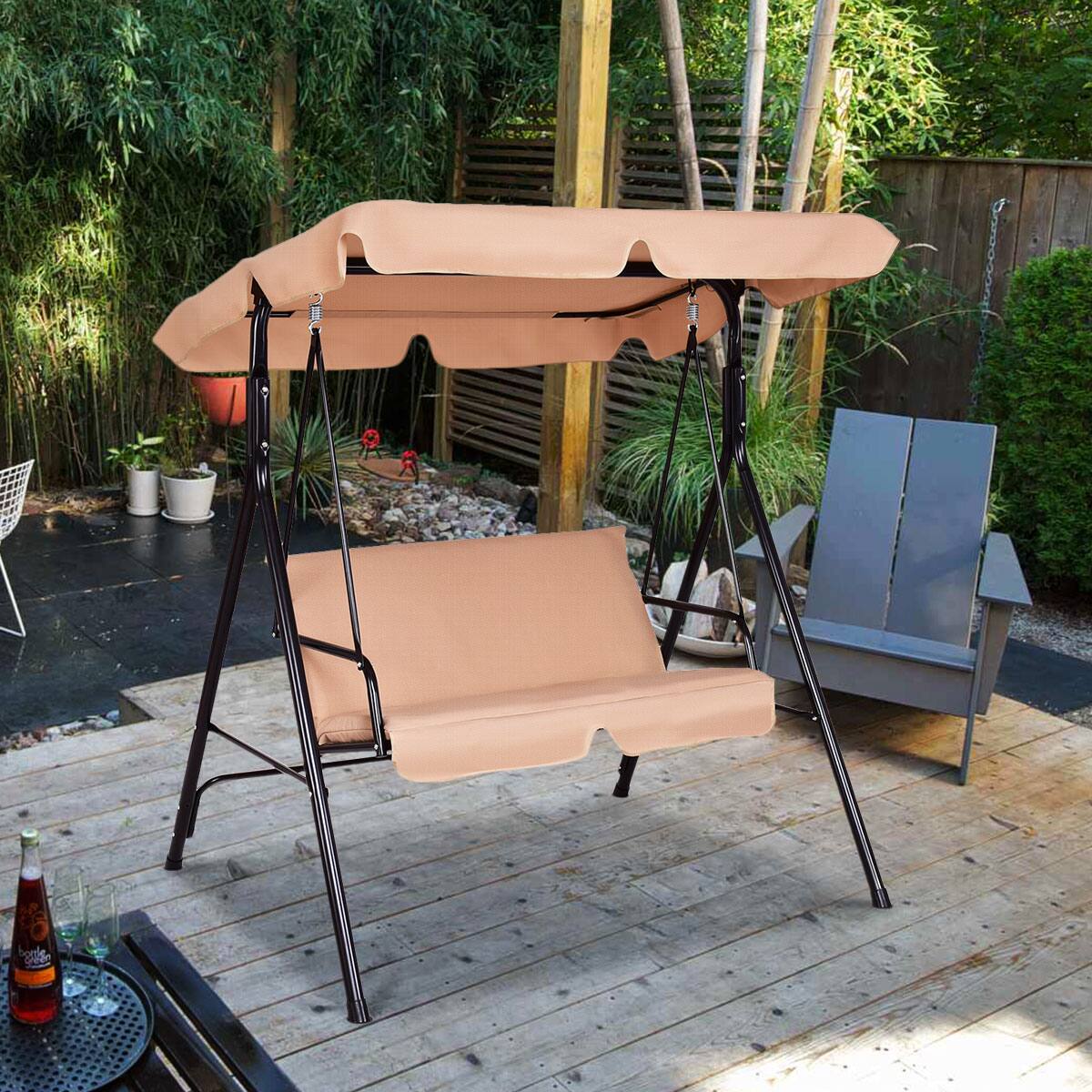 Alt View 1. Costway - Costway Loveseat Patio Canopy Swing Glider Hammock Cushioned Steel Frame Outdoor - Beige.