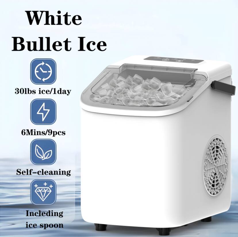 White Bullet Ice  
30lbs ice/1day  
6Mins/9pcs  
Self-cleaning  
Including ice spoon