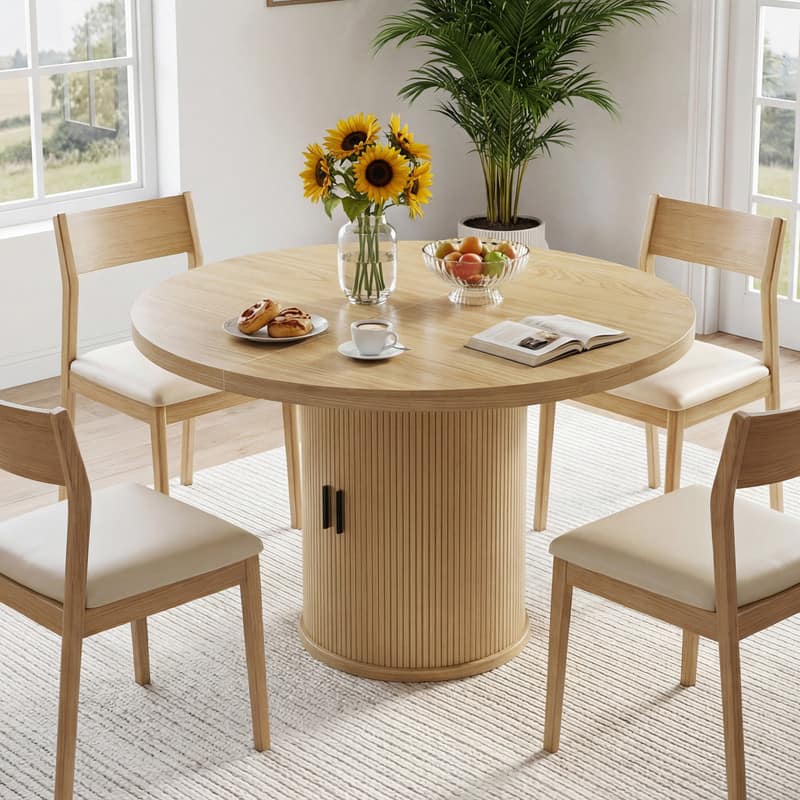 Dyonery - 2-4 Person Round Dining Table, 35.43 inches, Wooden Base, Natural Material, Round Kitchen Dining Table - Oak