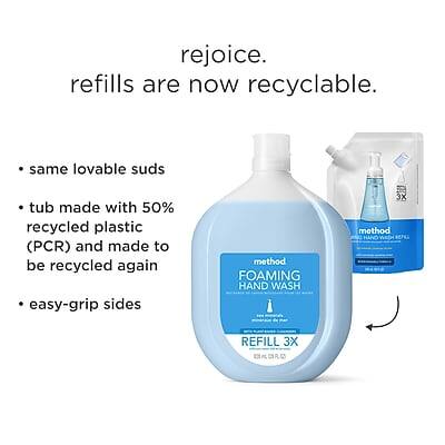 rejoice.  
refills are now recyclable.

- same lovable suds
- tub made with 50% recycled plastic (PCR) and made to be recycled again
- easy-grip sides

method  
FOAMING HAND WASH  
REFILL 3X