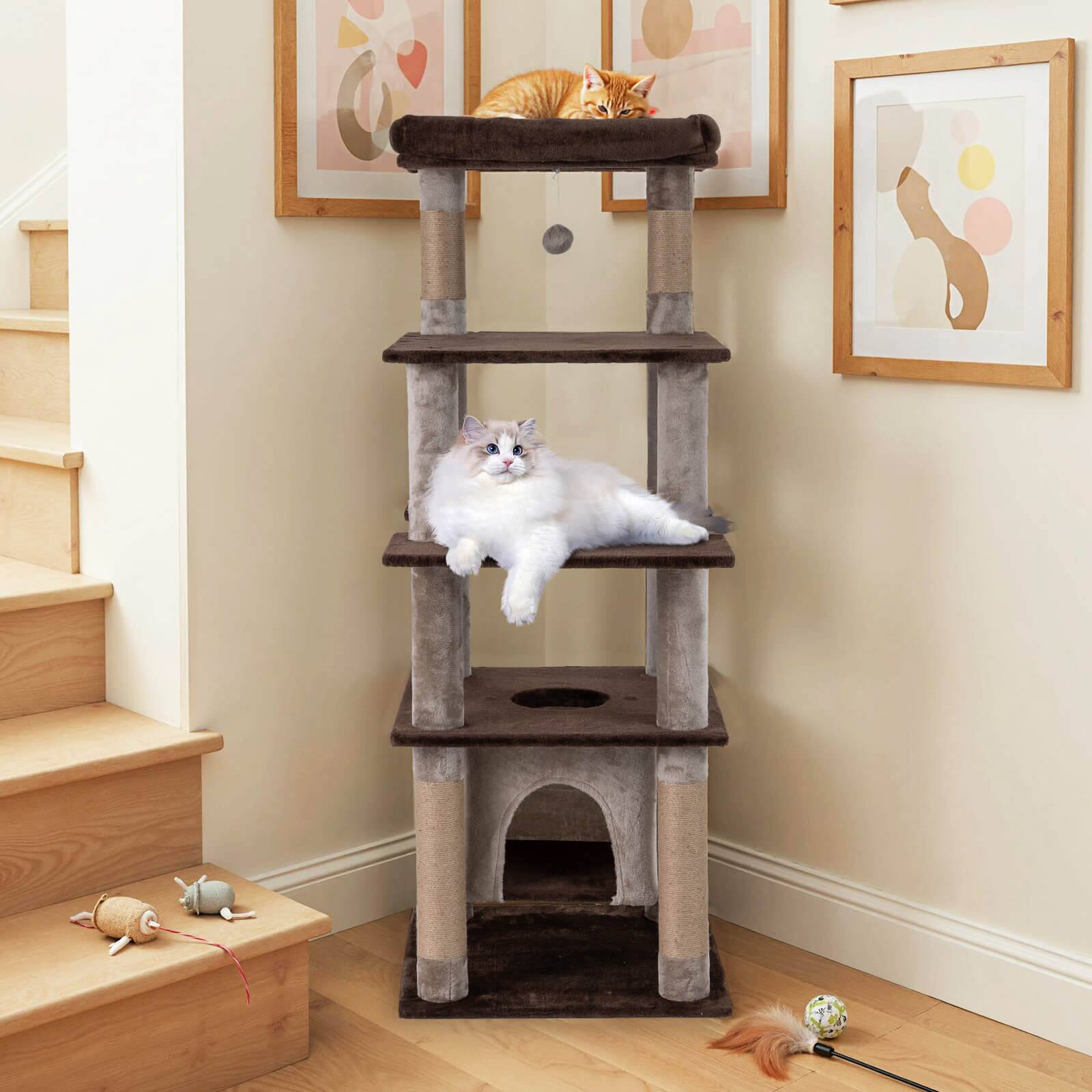 Alt View 3. Costway - Costway Large Multi-level Cat Tree 58" Tall Cat Tower with Swaying Aerial Condo Perch Bed - Brown.