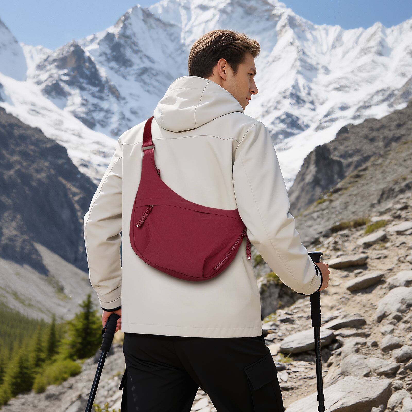 Alt View 5. Unique Bargains - Sling Bag for Men Women, Lightweight Arch Moon Crossbody Bag, Water Repellent Chest Fanny Pack for Hiking Travel Commute - Wine red.