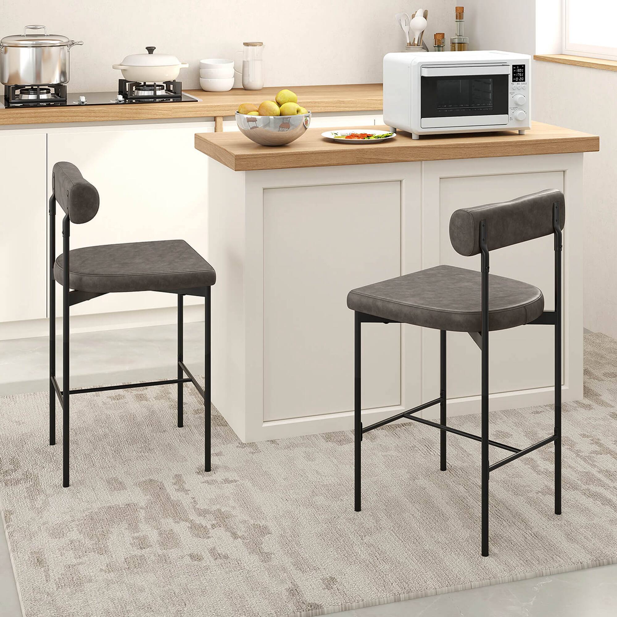 Alt View 1. Costway - 26" Upholstered Bar Stools Set of 2 with Padded Cushion & Backrest Footrest - Gray.