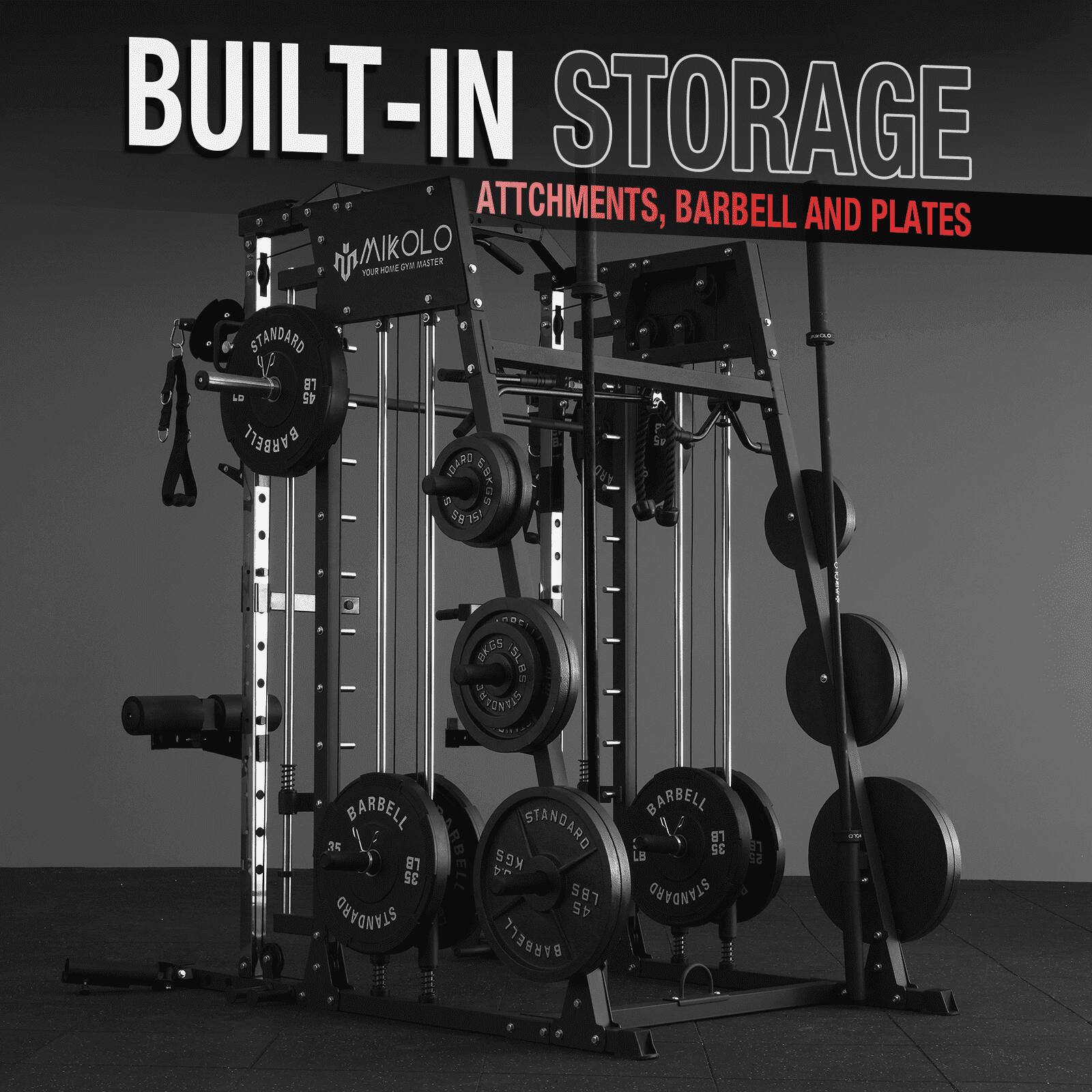 BUILT-IN STORAGE ATTCHMENTS, BARBELL AND PLATES MIKOLO 1UR OT oee tod 1R STANDARD y 81 45 BARBELL S 1DAR0  COKGS 85 nDE BK65 SLBS SL 3 JRTONENG SIIN BARBELL  81 35 STANDARD STANDARD ARBELL A KGS 587 45 BARBELL BARBELL LB SE LE STANDARD 52
