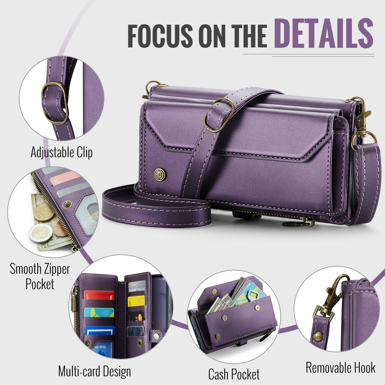 FOCUS ON THE DETAILS

- Adjustable Clip
- Smooth Zipper Pocket
- Multi-card Design
- Cash Pocket
- Removable Hook