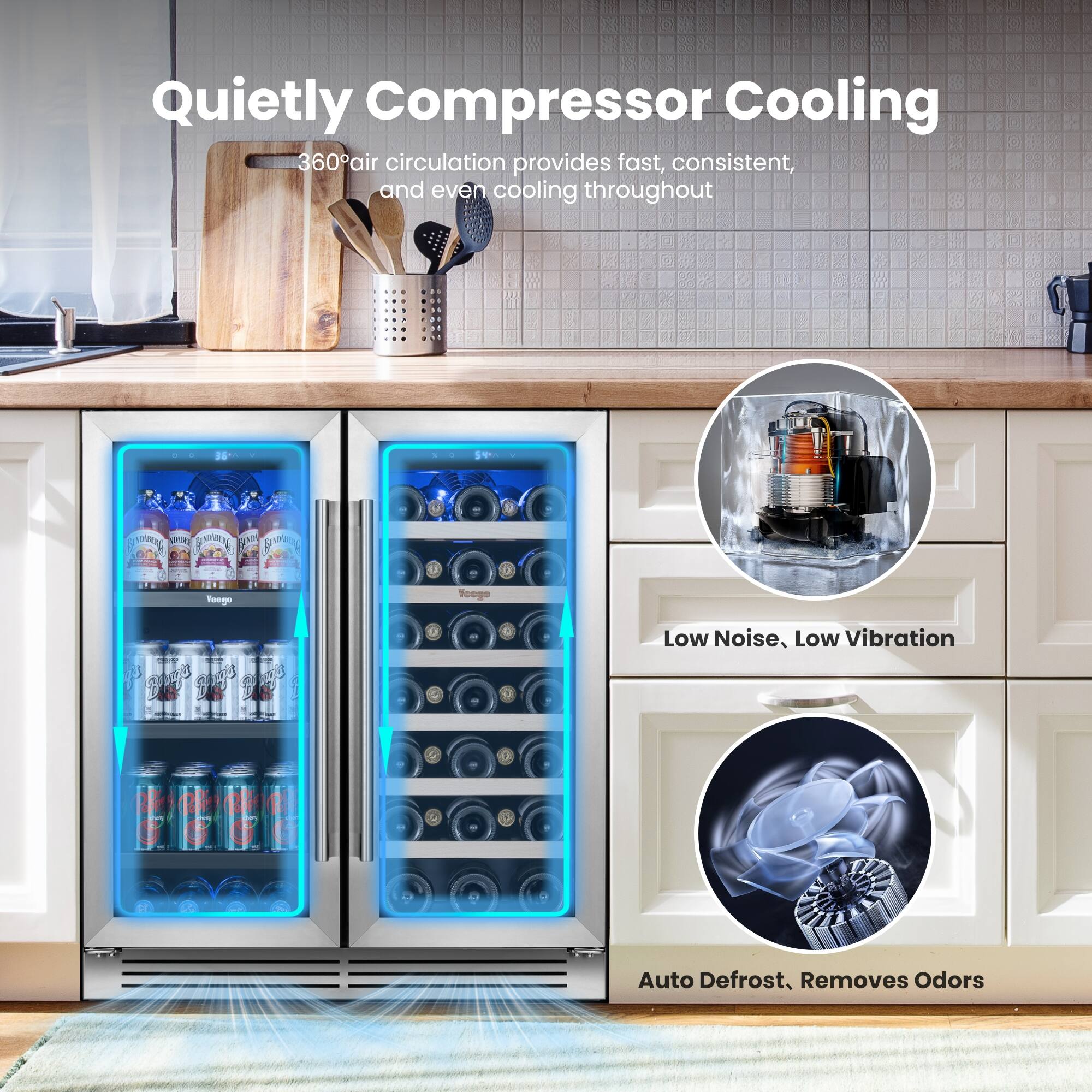 Quietly Compressor Cooling

360° air circulation provides fast, consistent, and even cooling throughout

Low Noise, Low Vibration

Auto Defrost, Removes Odors