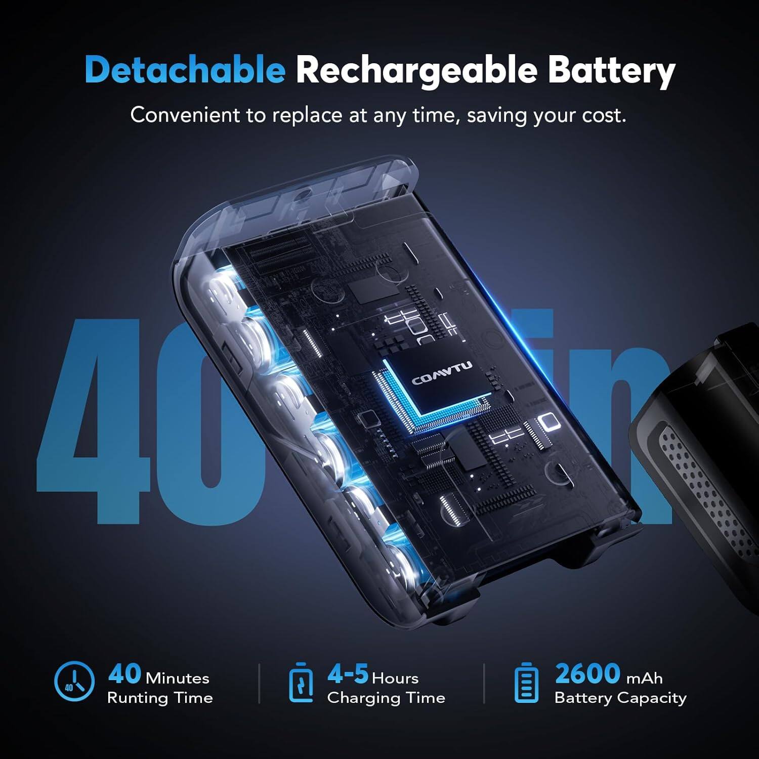 Detachable Rechargeable Battery  
Convenient to replace at any time, saving your cost.  

40 Minutes Running Time  
4-5 Hours Charging Time  
2600 mAh Battery Capacity