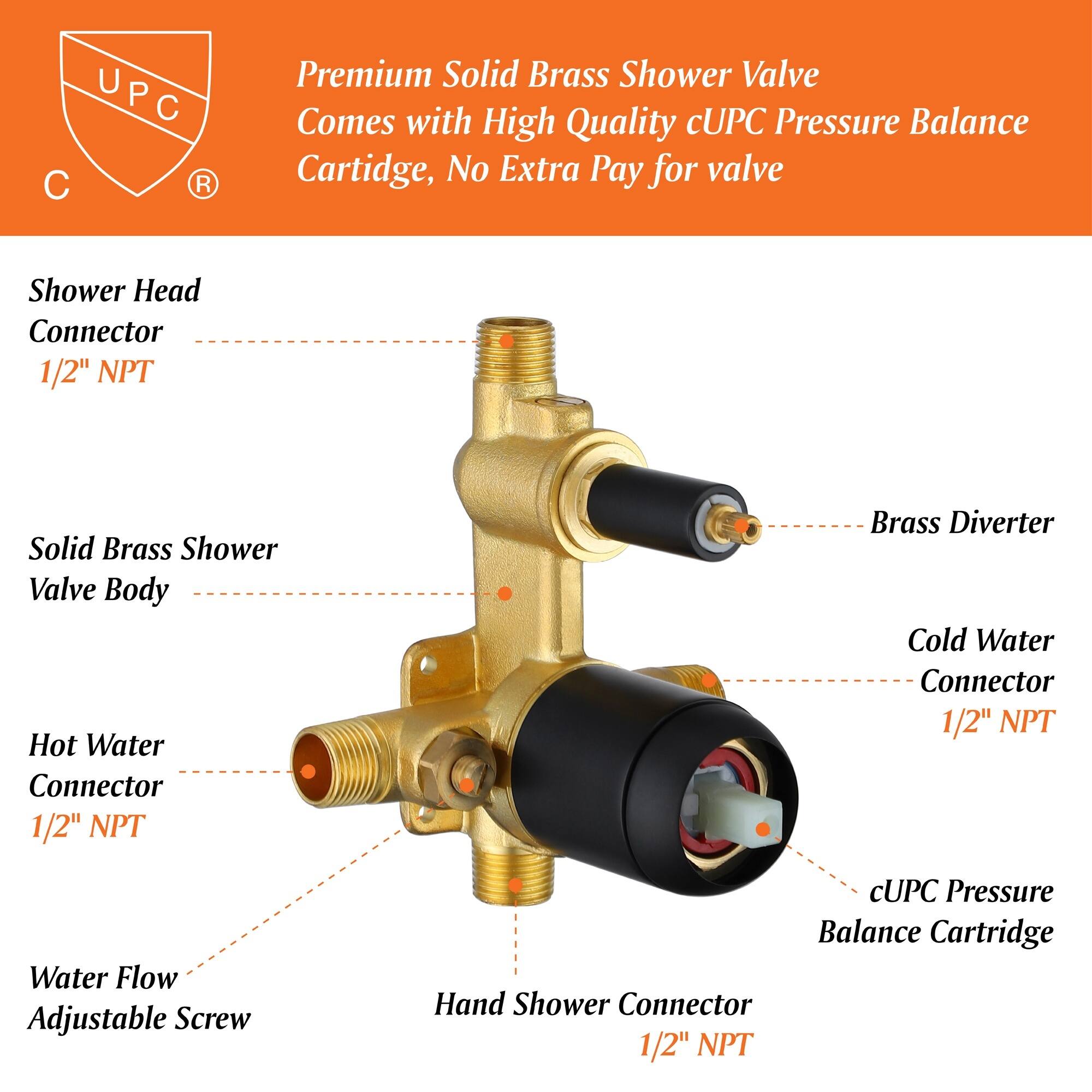 UPC Premium Solid Brass Shower Valve Comes with High Quality cUPC Pressure Balance Cartridge, No Extra Pay for valve Shower Head Connector 1/2" NPT Solid Brass Shower Valve Body Hot Water Connector 1/2" NPT Brass Diverter Cold Water Connector 1/2" NPT Water Flow Adjustable Screw cUPC Pressure Balance Cartridge Hand Shower Connector 1/2" NPT