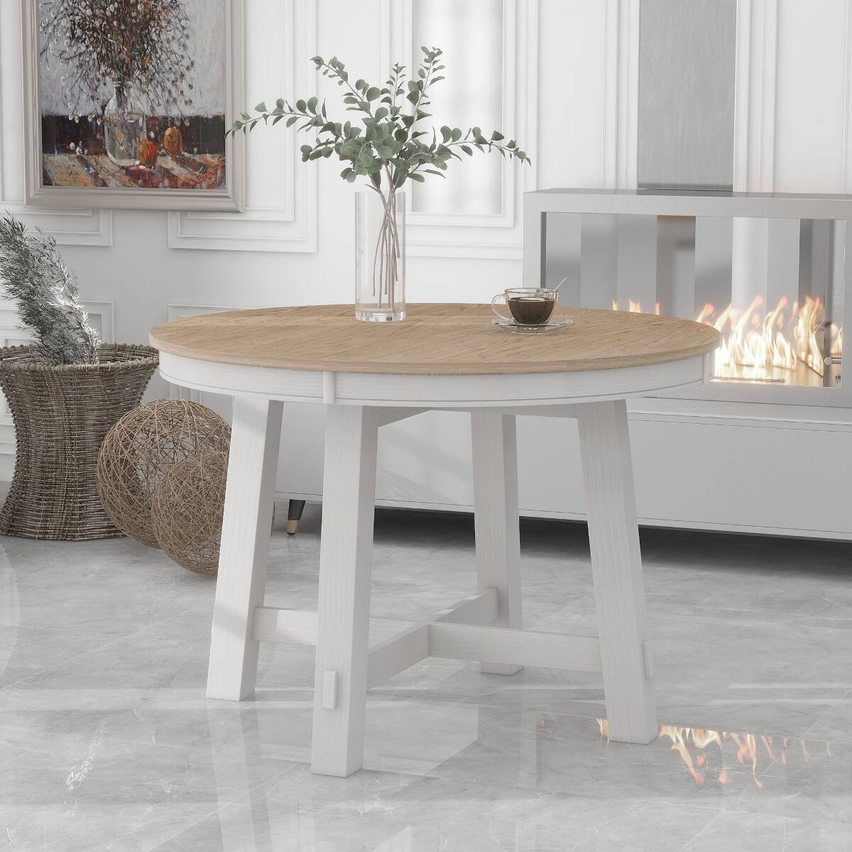 Loheer Round Extendable Dining Table, Oak Veneer Top, Natural Wood and ...