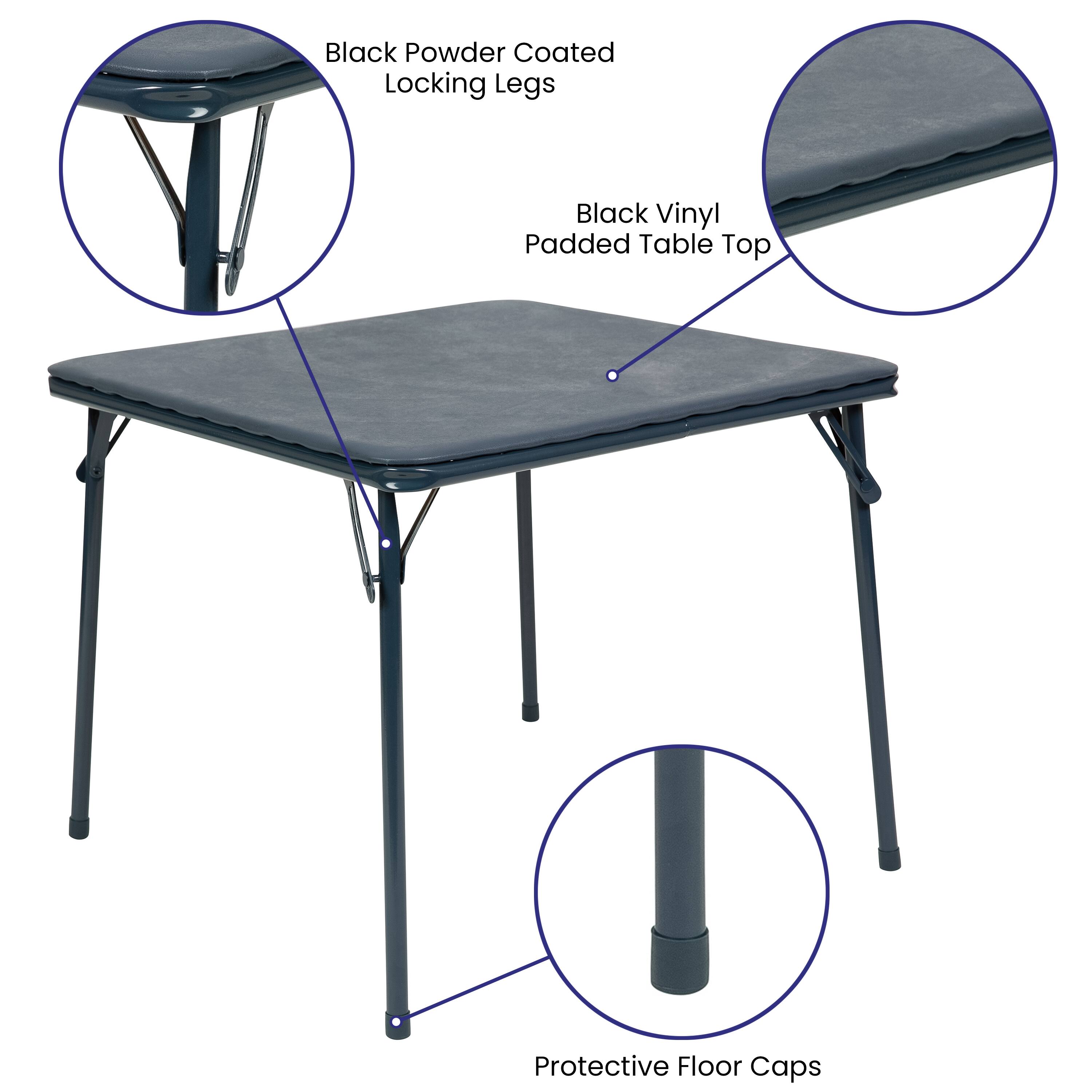 Black Powder Coated Locking Legs  
Black Vinyl Padded Table Top  
Protective Floor Caps
