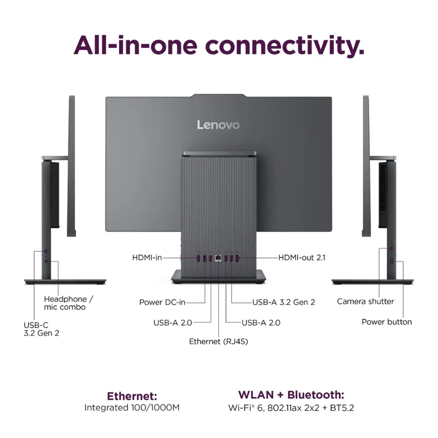 All-in-one connectivity. Lenovo HDMI-in HDMI-out 2.1 Headphone mic combo Power DC-in USB-A 3.2 Gen 2 Camera shutter USB-C 3.2 Gen 2 USB-A 2.0 USB-A 2.0 Ethernet (RJ45) Power button