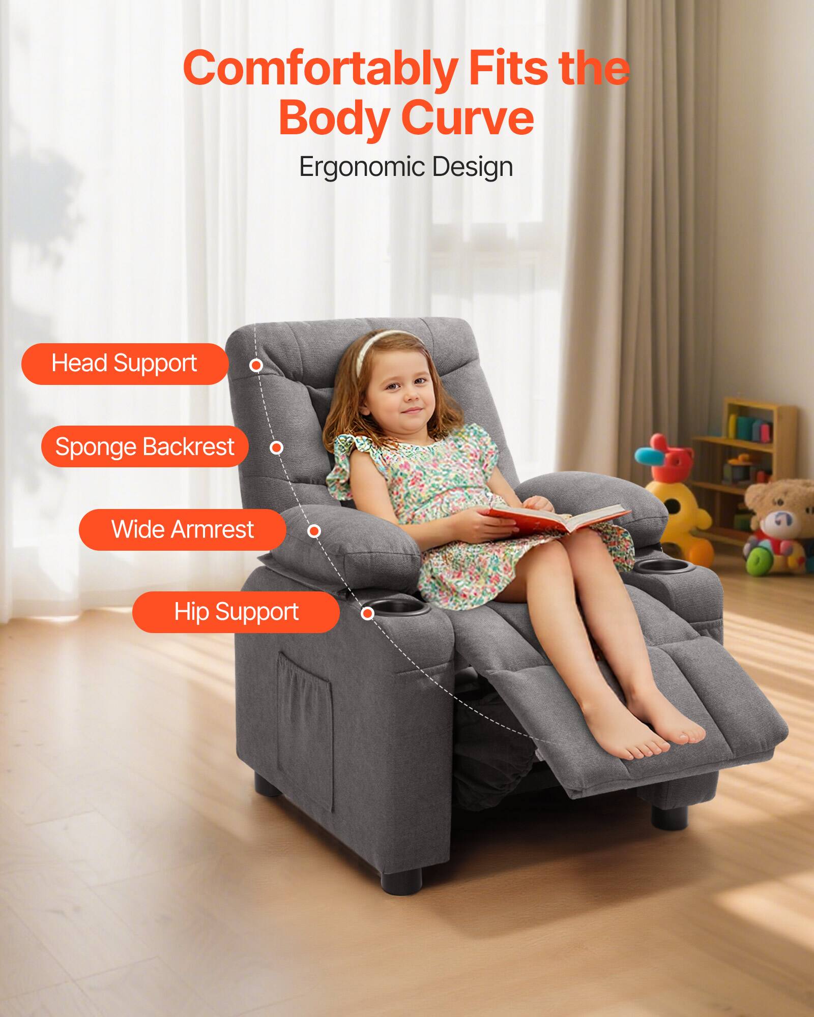 VEVOR - Recliner with Cup Holders and Pockets, 107° to 126° Adjustable Backrest - Gray
