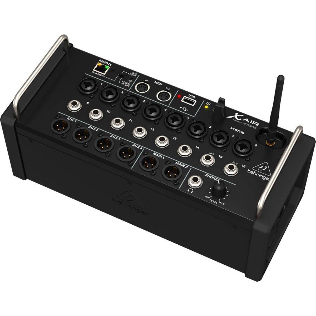 AUX F REMOTE ETHERNET CLIENT  
- MIDI OUT 2  
USB 3  
18"  
E x XAIR SXUA 12  
6 emone XR6  
EXUA 7  
3 EE AUX 4  
14 MAIN L  
15 MAIN R  
16 PHONES  
behringer - LEVEL MAX  
cohcinger
