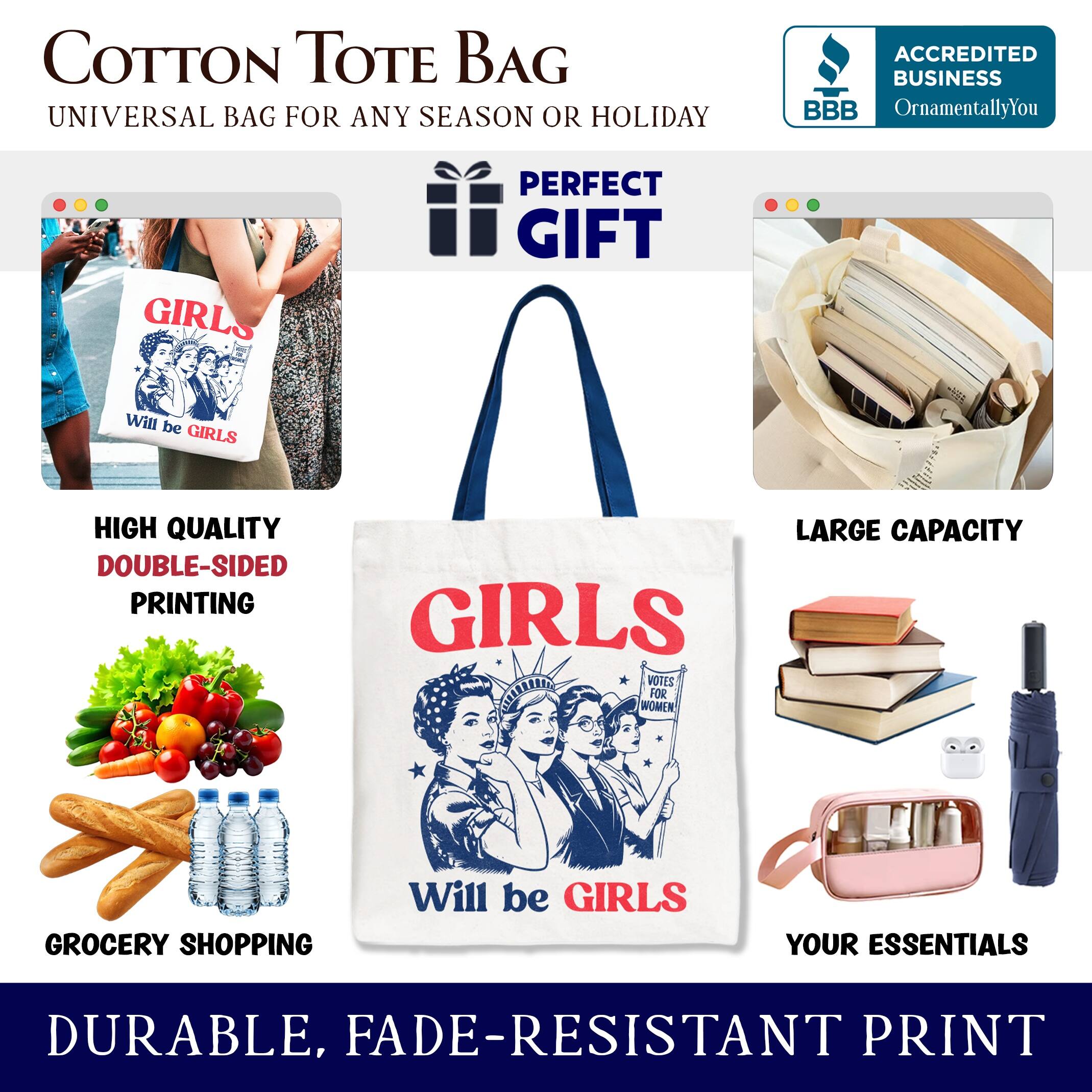 COTTON TOTE BAG  
UNIVERSAL BAG FOR ANY SEASON OR HOLIDAY  

ACCREDITED BUSINESS  
BBB  
OrnamentallyYou  

PERFECT GIFT  

HIGH QUALITY  
DOUBLE-SIDED PRINTING  

GROCERY SHOPPING  

LARGE CAPACITY  

YOUR ESSENTIALS  

DURABLE, FADE-RESISTANT PRINT