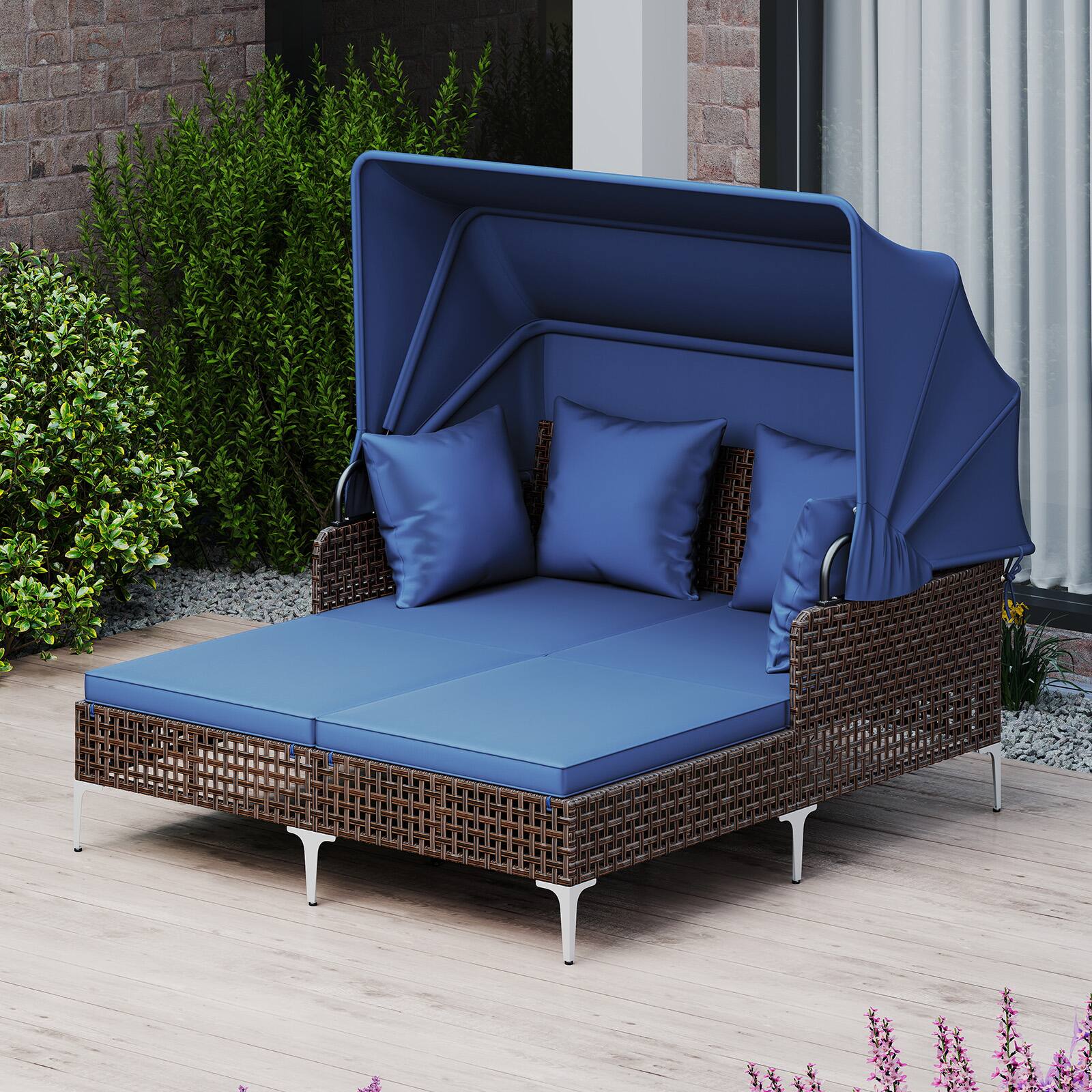 Alt View 3. Gymax - Gymax Outdoor Daybed w/ Retractable Canopy PE Wicker Rattan Patio Double Chaise Lounger Navy - Blue.