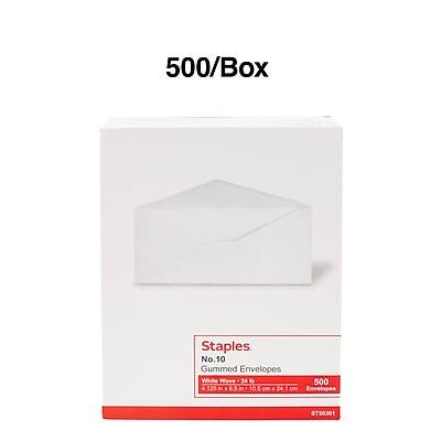 500/Box Staples No.10 Gummed Envelopes White Wove 24 d 500 in 10.5 cm Envelopes ST50301

Staples
Gummed Envelopes
White Wove - 24 d
500
215 x 115 mm (8.5 x 4.5 in)
500 Envelopes
ST50301