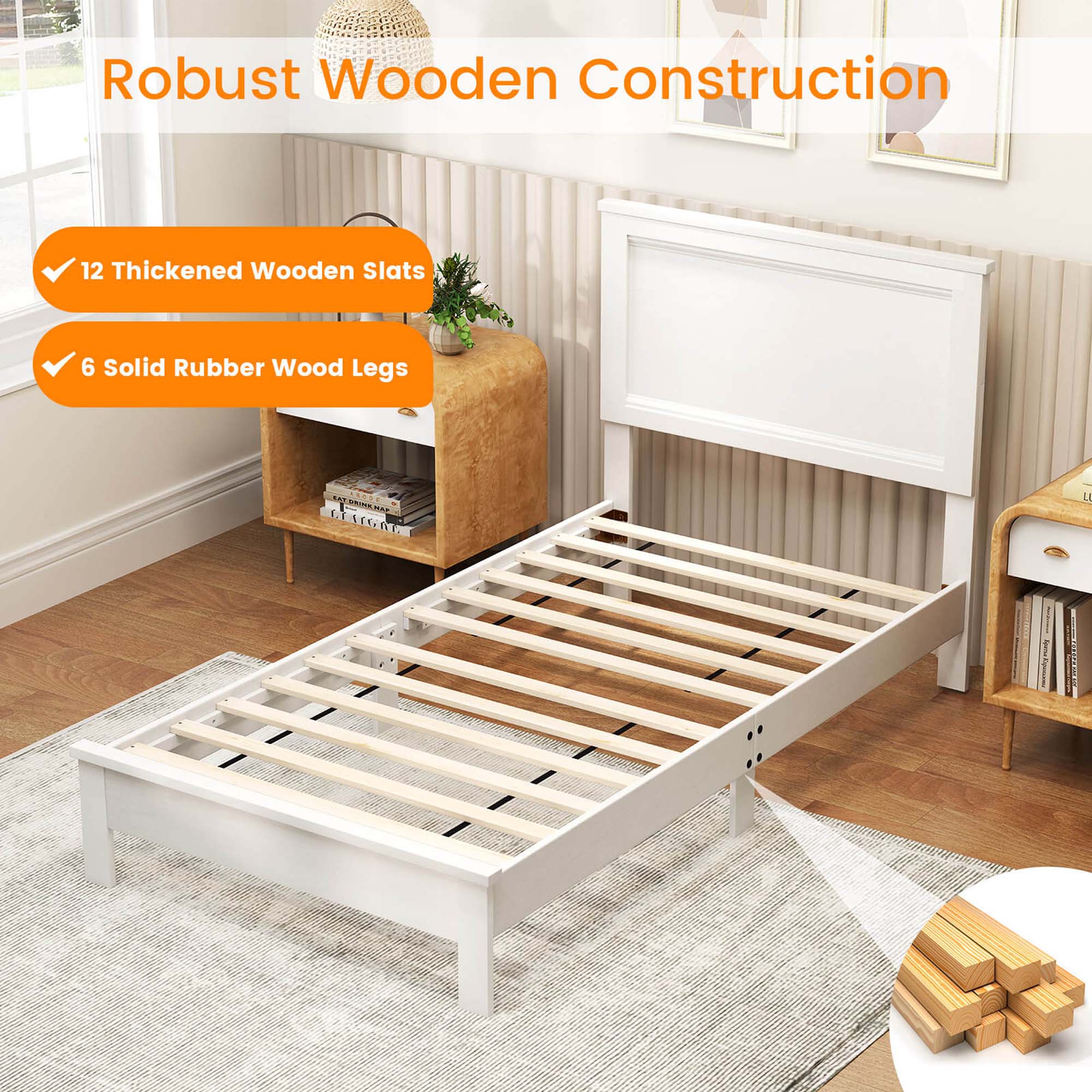 Robust Wooden Construction: 12 Thickened Wooden Slats and 6 Solid Rubber Wood Legs.