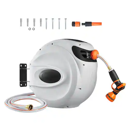 Front. Glintex - 115FT Retractable Water Hose Reel 1/2" with 180° Swivel Wall Mount and Auto Rewind System - Orange.