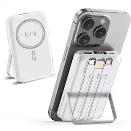 Alpha Digital - 10,000mAh Magnetic Wireless Charge Power Bank with metal stand + built-in cables - White