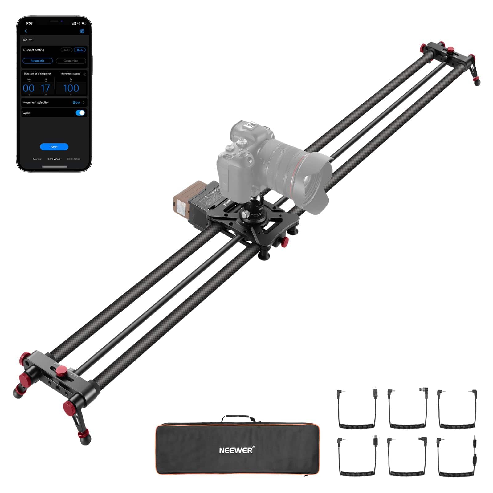 Neewer - 47" Motorized Camera Slider - Carbon Fiber Rail with App Control for Video & Timelapse