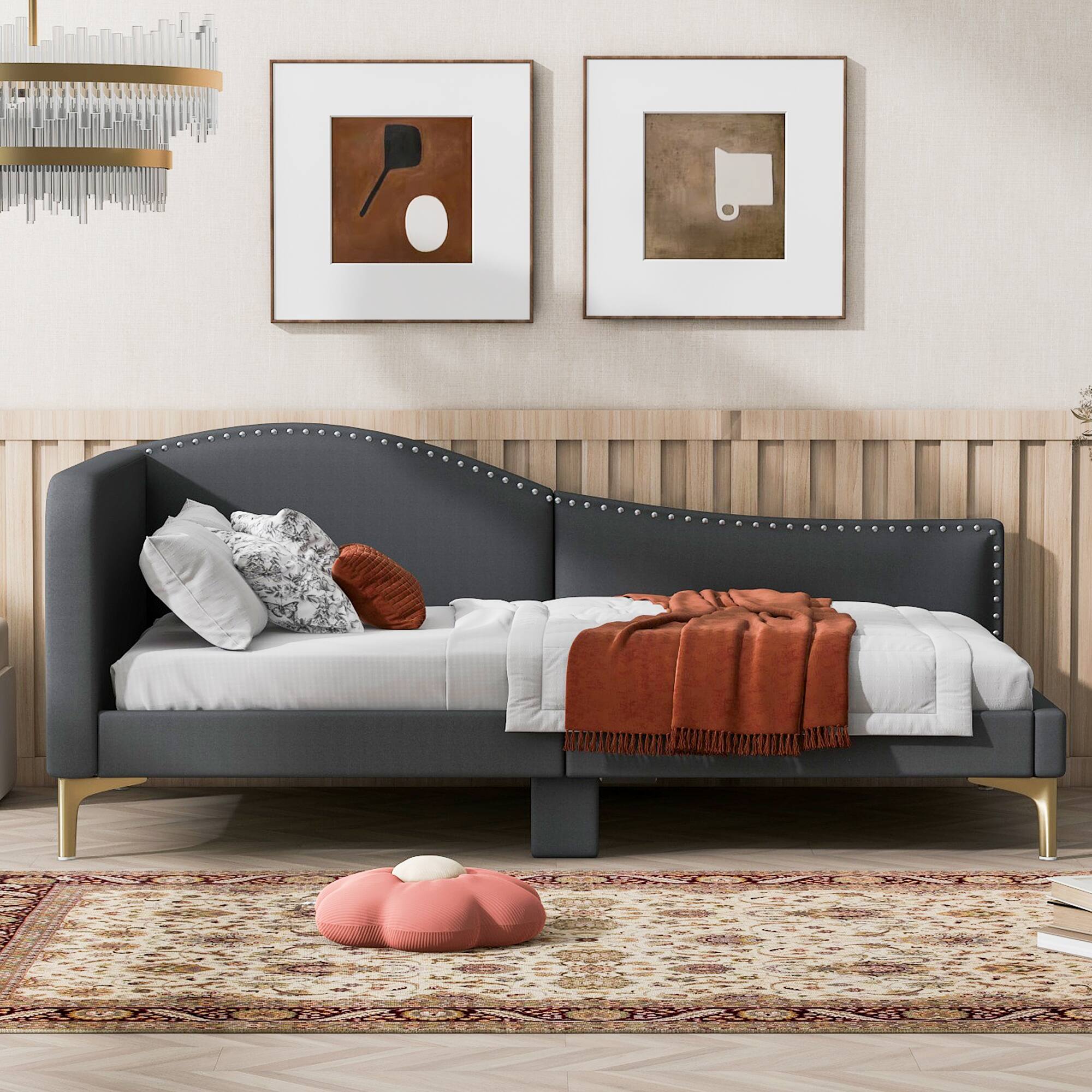Angle. Whisen - Twin Size Upholstered Daybed with Backrest and Armrest for Bedroom Guest Room and Compact Living Spaces - Gray.