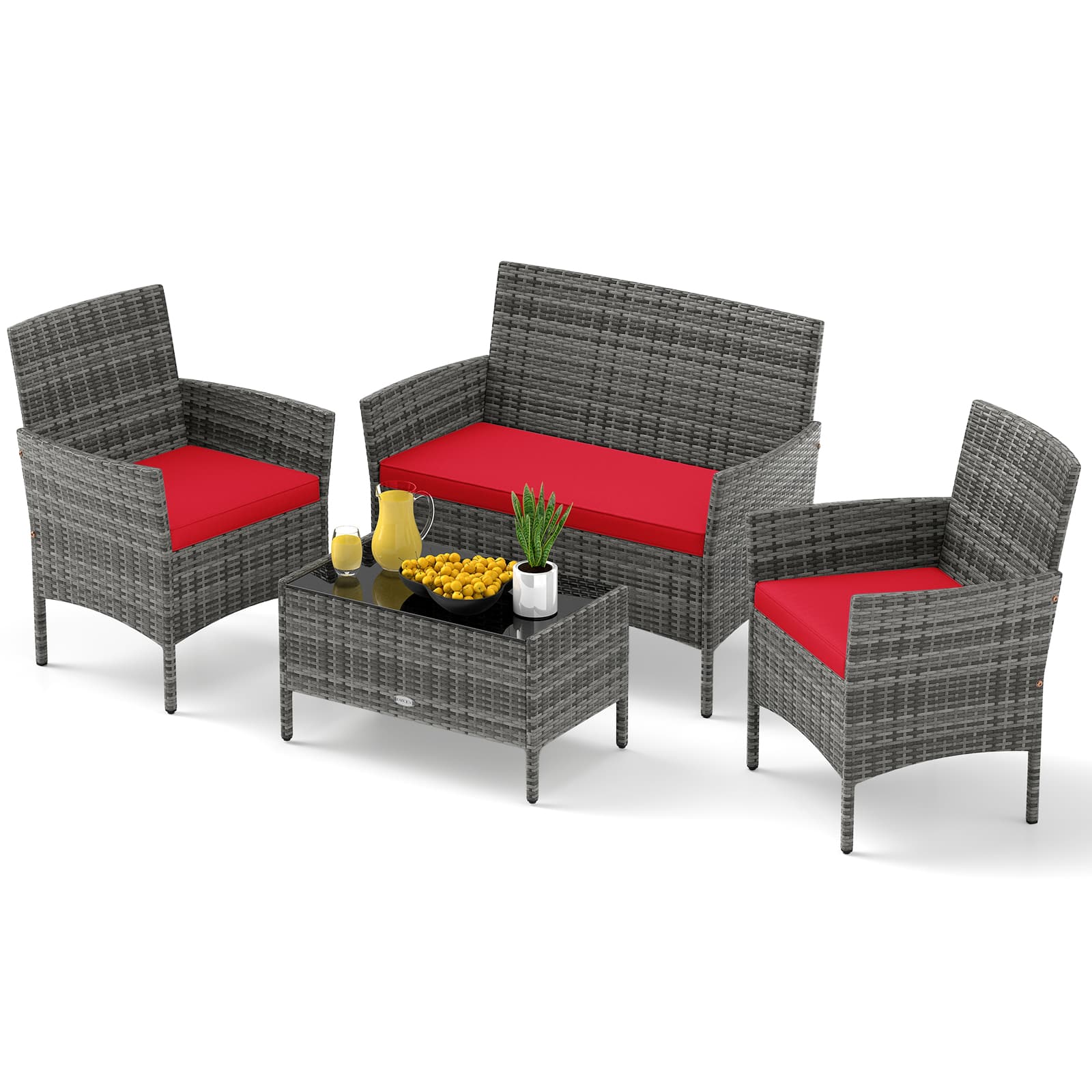 Gymax - Set Of 4 Patio Furniture Set w/Washable Cushions & Tempered Glass Coffee Table Red - Mix Gray, Red price history on PriceWatchPro