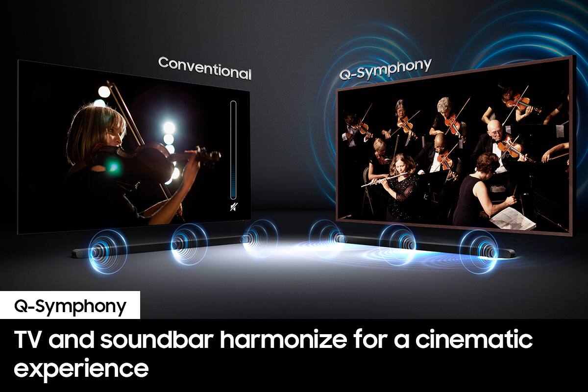 Conventional and Q-Symphony TV and soundbar harmonize for a cinematic experience.