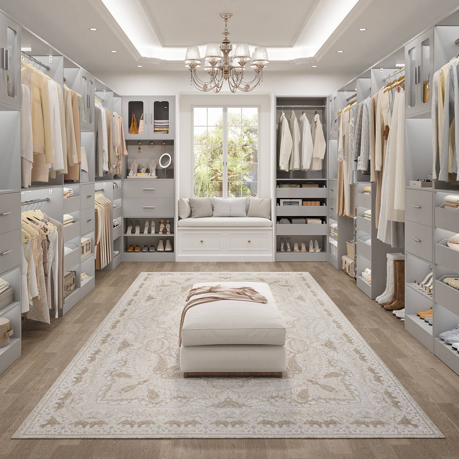 Angle. Aheaplus - 120'' Closet System 2-Piece Set, 10FT Walk in Closet Organizer with 5 Drawers, 3 Hanging Rods, and Cabinet, Reversible - Gray.