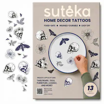 suteka HOME DECOR TATTOOS FOOD-SAFE INSANELY DURABLE EASY DIY ENDLESS APPLICATIONS TABLEWARE, TILES, FURNITURE, CANDLE, AND MORE! WATCH OUR APPLICATION VIDEO video tutorial 13 Piece Collection