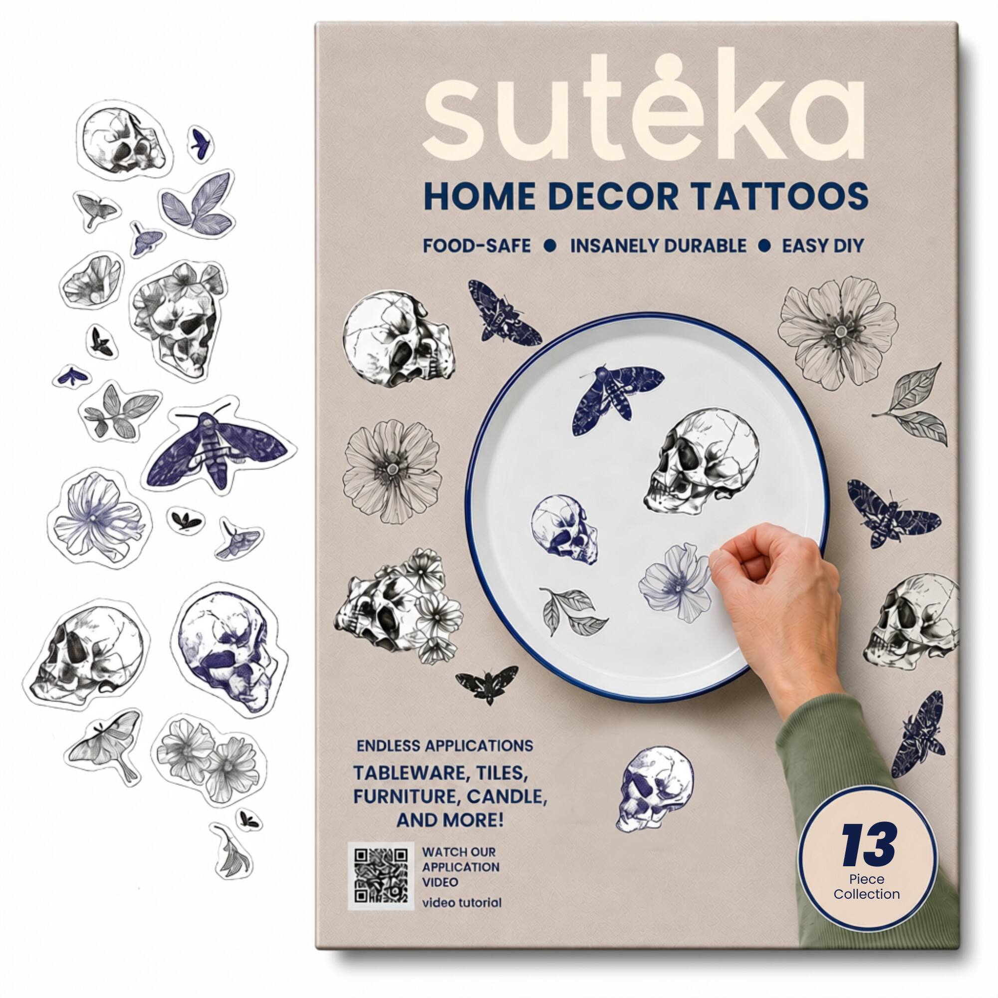 suteka HOME DECOR TATTOOS FOOD-SAFE INSANELY DURABLE EASY DIY ENDLESS APPLICATIONS TABLEWARE, TILES, FURNITURE, CANDLE, AND MORE! WATCH OUR APPLICATION VIDEO video tutorial 13 Piece Collection