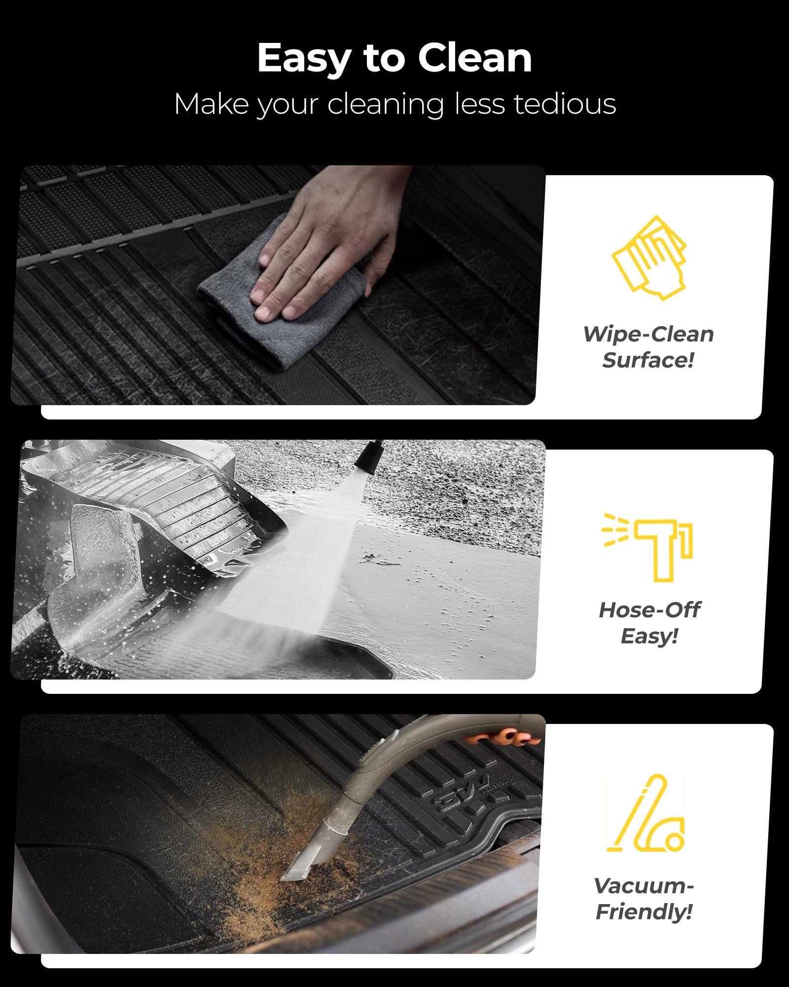 Easy to Clean  
Make your cleaning less tedious  

- Wipe-Clean Surface!  
- Hose-Off Easy!  
- Vacuum-Friendly!