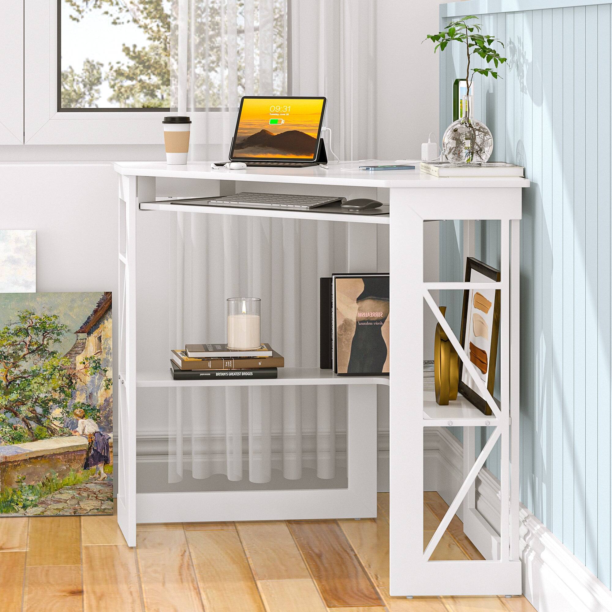 Alt View 4. Vecelo - 41" Corner Computer Desk with Keyboard Tray & Storage Shelf - Triangle Space Saving Design, Metal Frame for Home Office - White with socket.