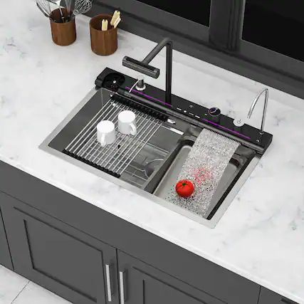 Front. Siljoy - Kitchen Sink Waterfall Sink - 30 x 19 x 9" Single Bowl 16 Gauge Steel Smart Digital Features Top Mount Kitchen Sinks - Brushed Nickel.