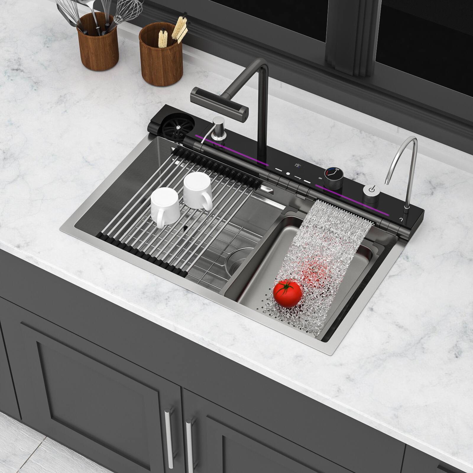 Front. Siljoy - Kitchen Sink Waterfall Sink - 30 x 19 x 9" Single Bowl 16 Gauge Steel Smart Digital Features Top Mount Kitchen Sinks - Brushed Nickel.