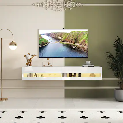 Front. GOODSILO - Wall Mounted Floating TV Stand with LED Lights and Charging Station - White.