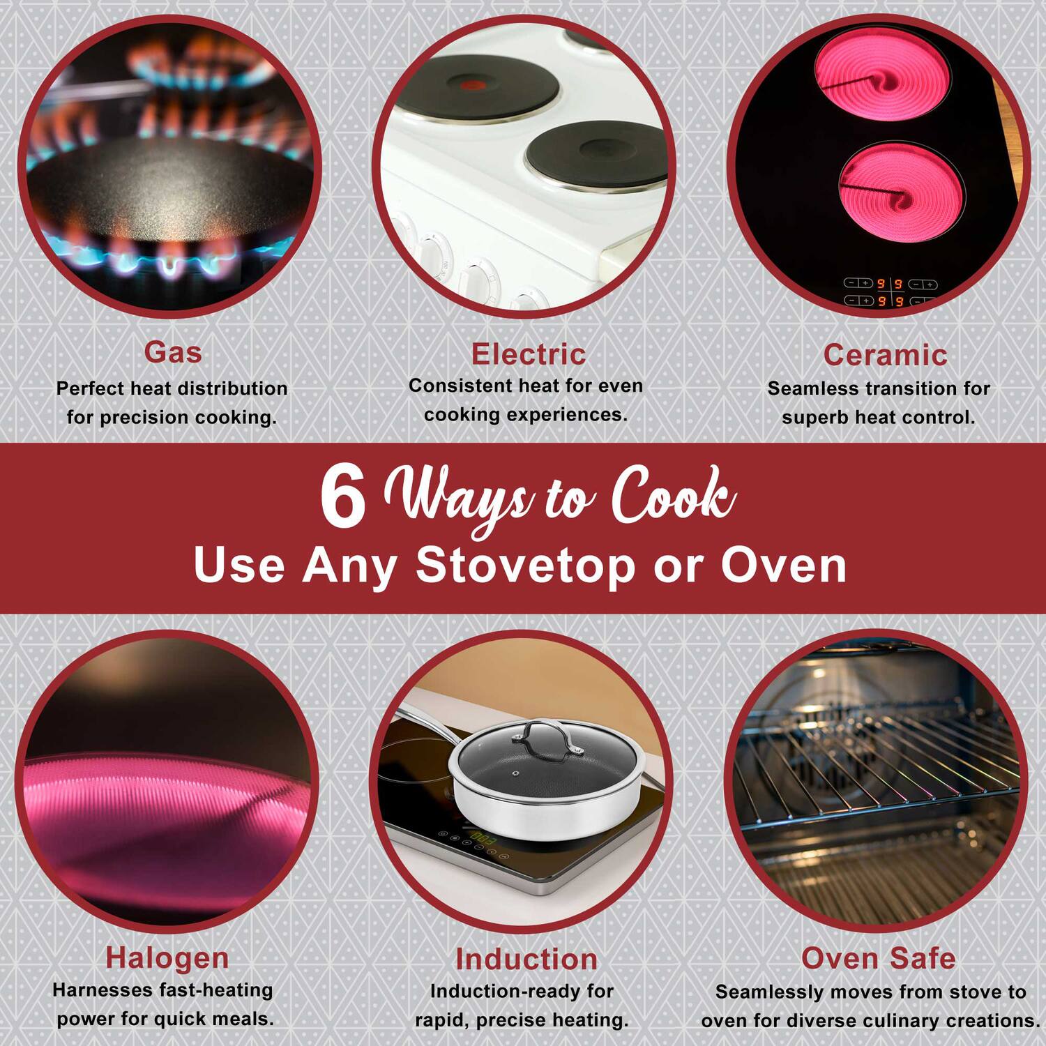 6 Ways to Cook  
Use Any Stovetop or Oven

Gas  
Perfect heat distribution for precision cooking.

Electric  
Consistent heat for even cooking experiences.

Ceramic  
Seamless transition for superb heat control.

Halogen  
Harnesses fast-heating power for quick meals.

Induction  
Induction-ready for rapid, precise heating.

Oven Safe  
Seamlessly moves from stove to oven for diverse culinary creations.
