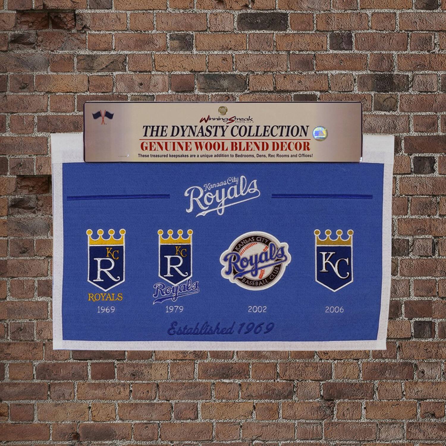 **The Dynasty Collection**  
Genuine Wool Blend Decor  
These treasured keepsakes are a unique addition to Bedrooms, Dens, Rec Rooms and Offices!

**Kansas City Royals**  
Established 1969

- Royals 1969
- Royals 1979
- Kansas City Royals Baseball Club 2002
- Kansas City Royals Baseball Club 2006