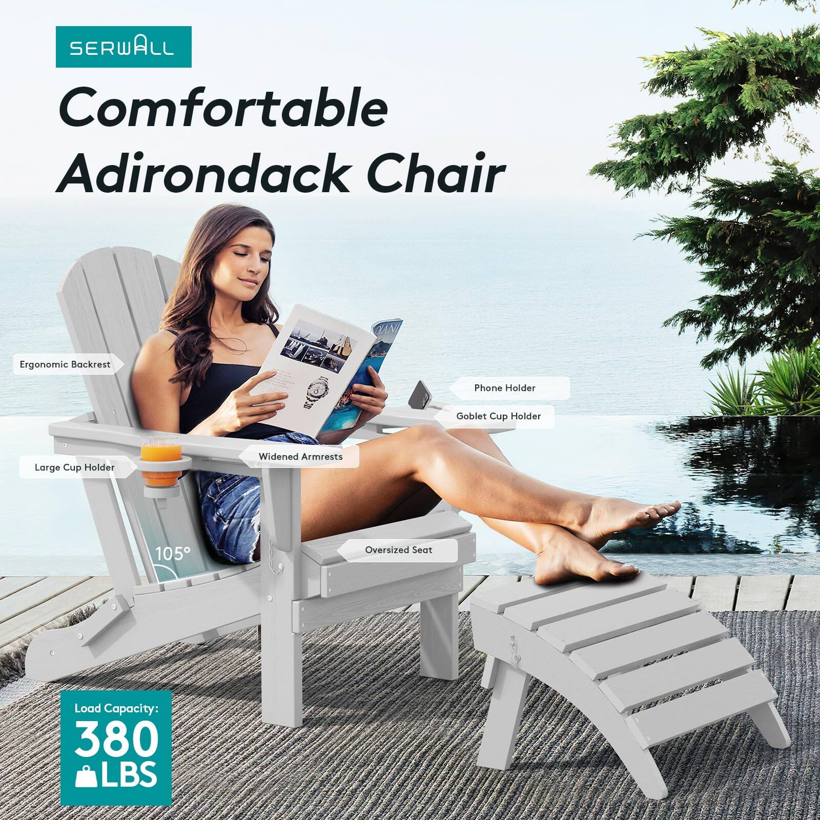 SERWALL Comfortable Adirondack Chair Ergonomic Backrest Phone Holder Goblet Cup Holder Large Cup Holder Widened Armrests 105 Oversized Seat Load Capacity: 380 LBS