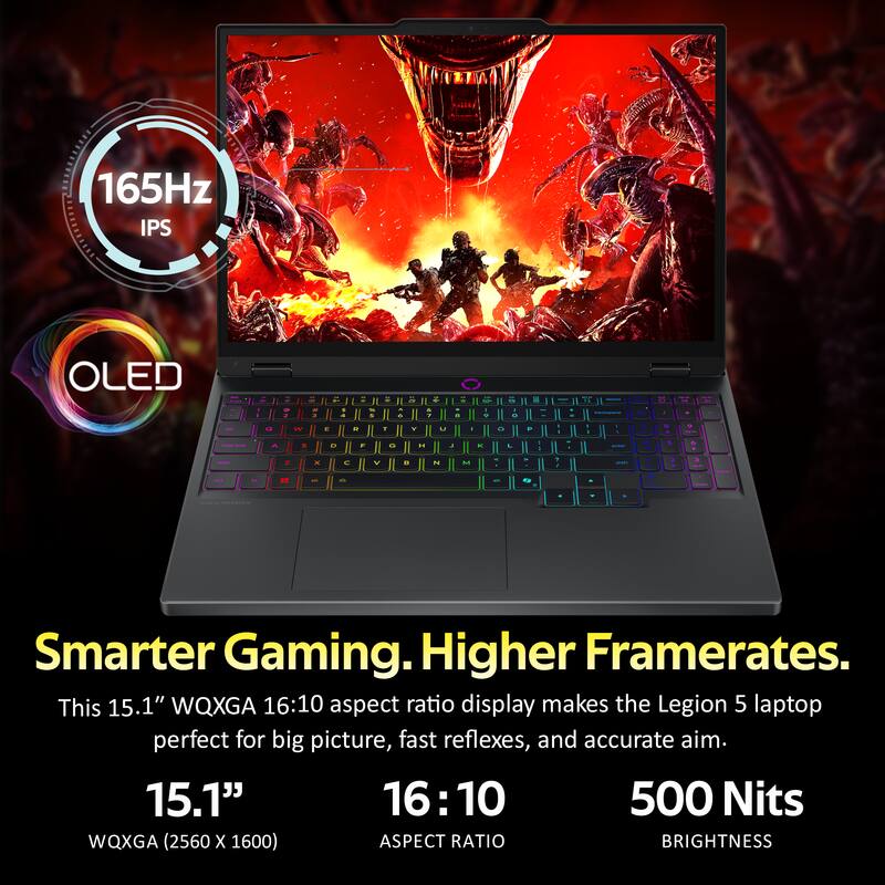 165Hz IPS OLED

Smarter Gaming. Higher Framerates.

This 15.1" WQXGA 16:10 aspect ratio display makes the Legion 5 laptop perfect for big picture, fast reflexes, and accurate aim.

15.1"
WQXGA (2560 x 1600)
ASPECT RATIO 16:10
BRIGHTNESS 500 Nits
