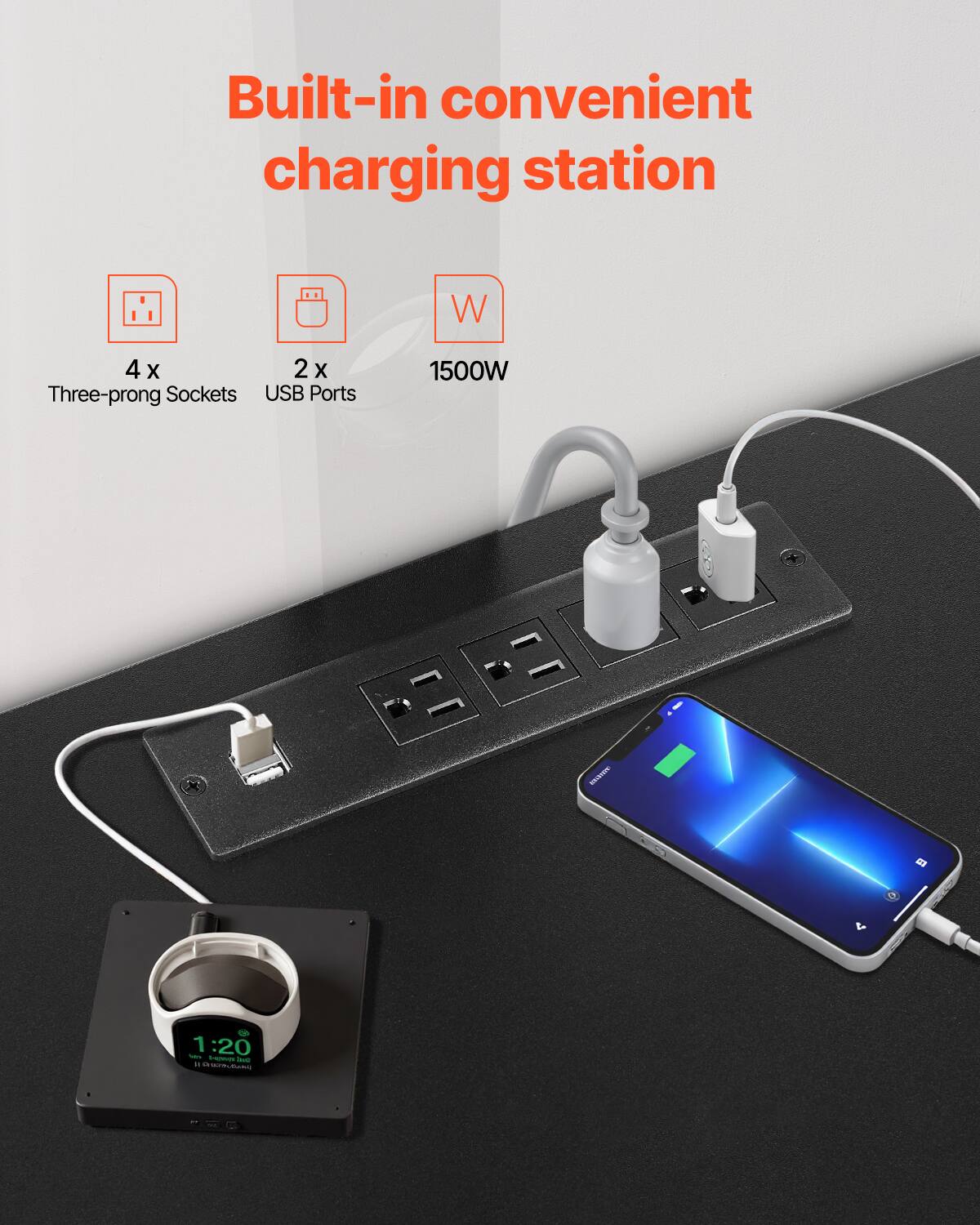 Built-in convenient charging station

4 x Three-prong Sockets
2 x USB Ports
1500W