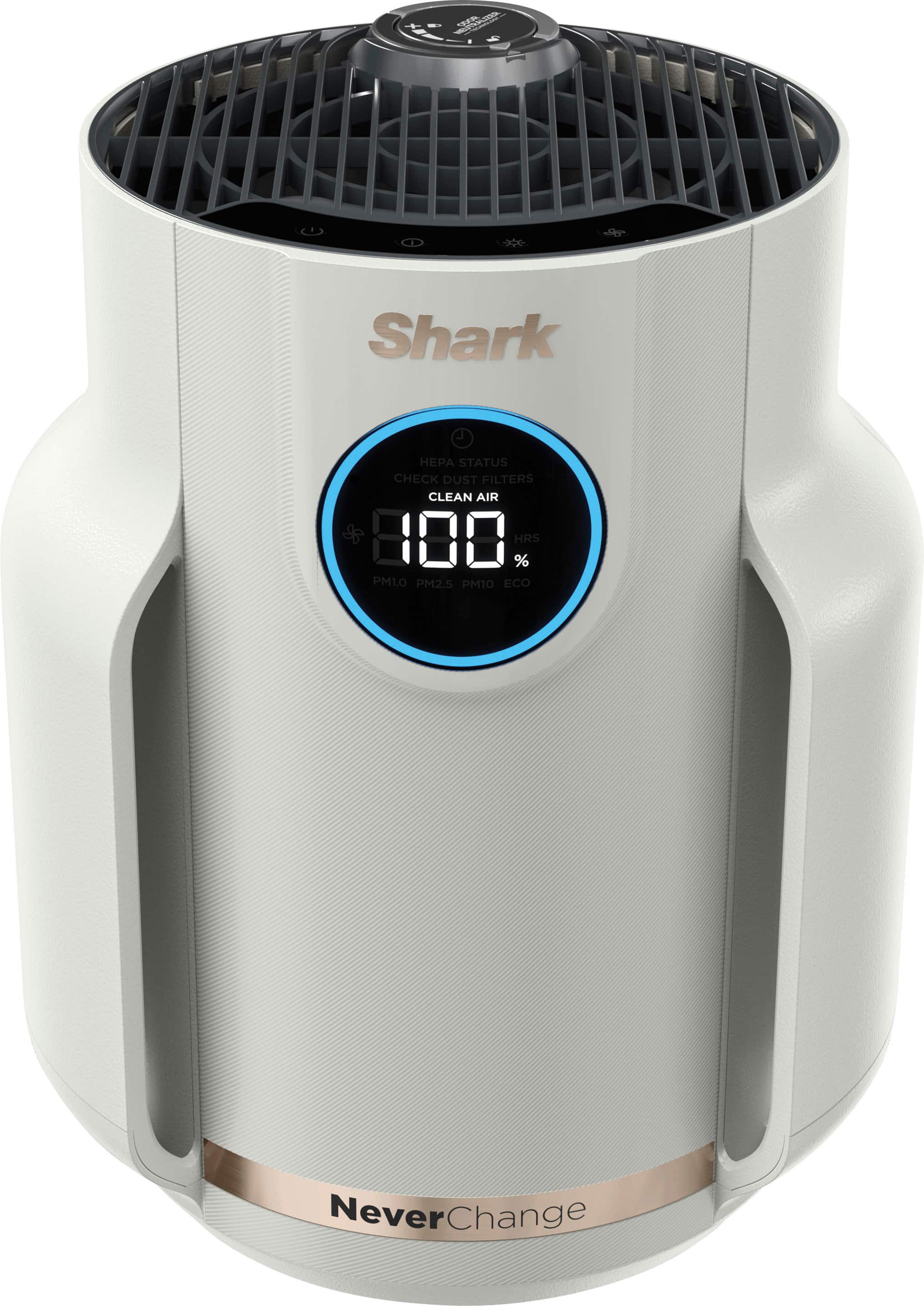 The image features a white Shark air purifier that is designed to clean the air and remove dust and pollutants. The air purifier is equipped with filters that can remove up to 99.97% of PM1.0, PM2.5, and PM10 particles, ensuring that the air in the room remains clean and healthy. The NeverChange feature of the air purifier ensures that it remains effective and efficient in maintaining the air quality without the need for frequent filter replacements.