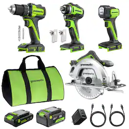 Greenworks - 24V Cordless 4pcs Combo, Drill/Driver+Impact Driver+6.5" Circular Saw+Flashlight - Green
