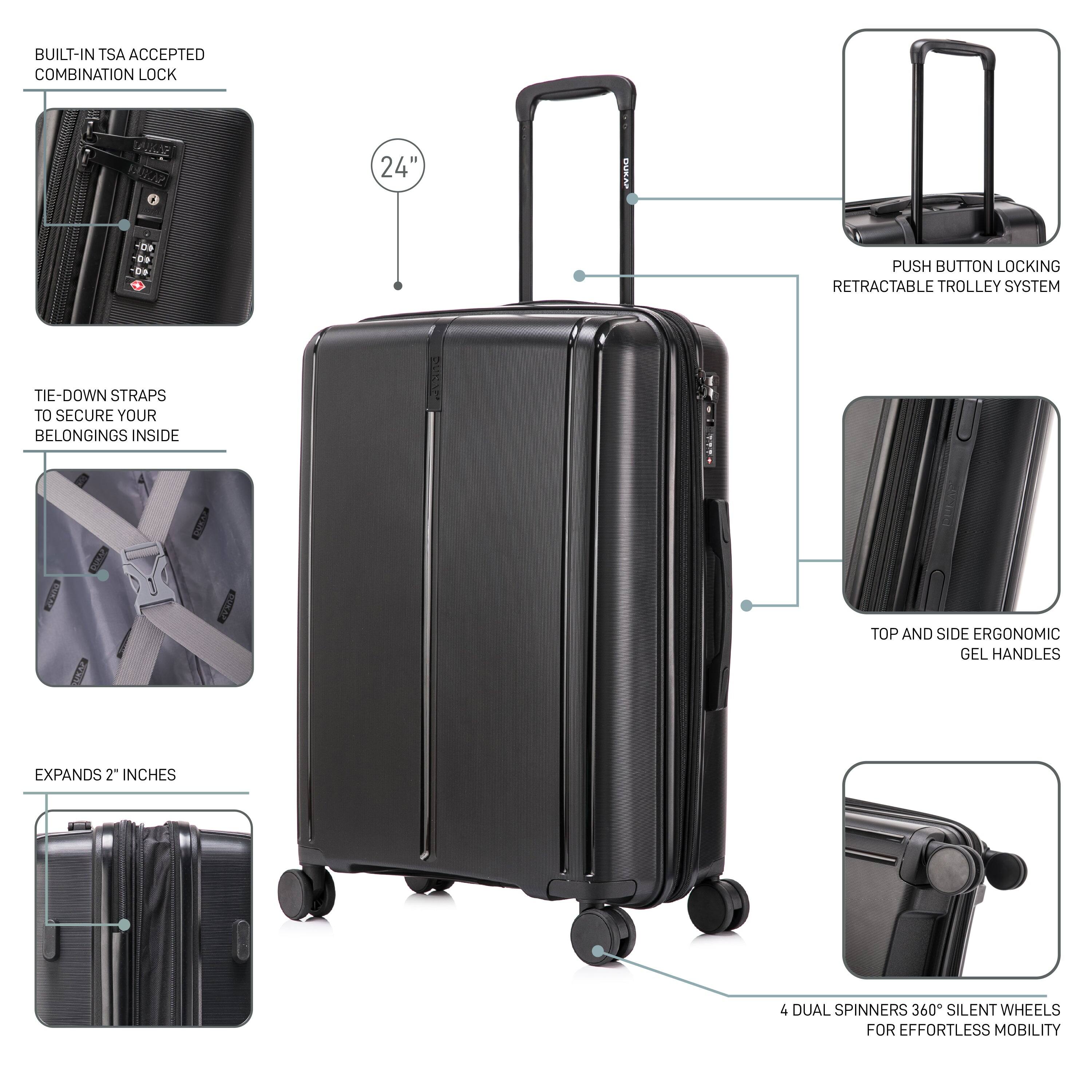 - Built-in TSA accepted combination lock
- 24" height
- Push button locking retractable trolley system
- Tie-down straps to secure your belongings inside
- Expands 2 inches
- Top and side ergonomic gel handles
- 4 dual spinners 360° silent wheels for effortless mobility