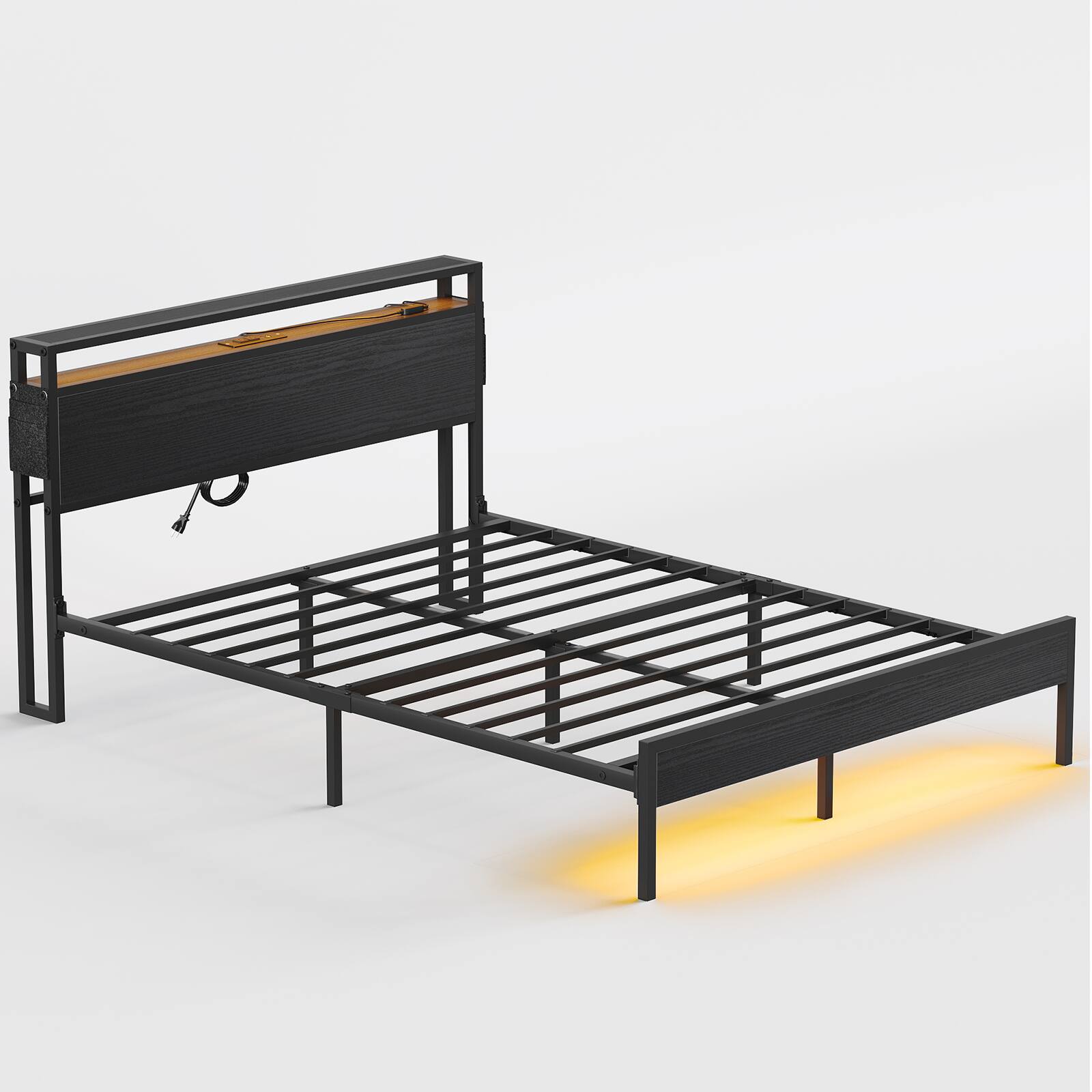 Left. Bestier - Queen Size Bed Frame Platform Bed with Storage Headboard LED Lights and Charging Station - Black.