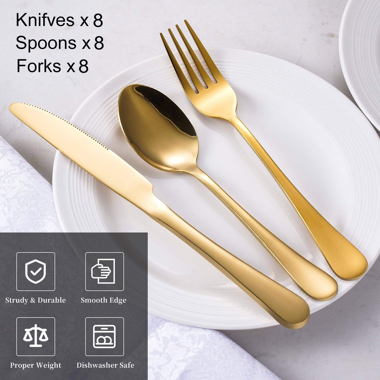 Angle. Dazzed Corner - 24-Piece Gold Silverware Set for 8, Stainless Steel Flatware Cutlery Set - NYK7R9Q.